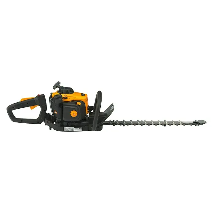 Stiga Benzin-Heckenschere HT 525 - 0,65 kW, Schnittlänge: 46 cm, Max. Aststärke: 27 mm - Aufnahme einer gelben und schwarzen Heckenschere, einem Gartengerät zum Trimmen von Hecken, auf schwarzem Hintergrund.