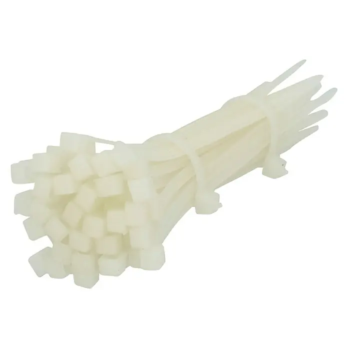 Bridas para cables - An x L: 25 x 100 mm, Plástico, Blanco - Un paquete de bridas blancas, atadas juntas. Perfecto para agrupar y organizar cables y alambres en diversas aplicaciones.
