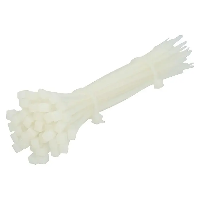 Bridas para cables - An x L: 25 x 150 mm, Plástico, Blanco - Paquete de bridas de plástico color crema, atadas juntas. Ideal para organizar y asegurar cables y otros objetos.