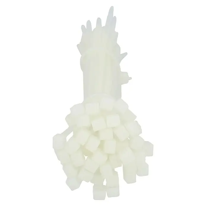 Bridas para cables - An x L: 25 x 150 mm, Plástico, Blanco - Primer plano de un racimo de cubos de azúcar blancos que sobresale de un soporte cilíndrico, con "pelo" irregular y despeinado en la parte superior.