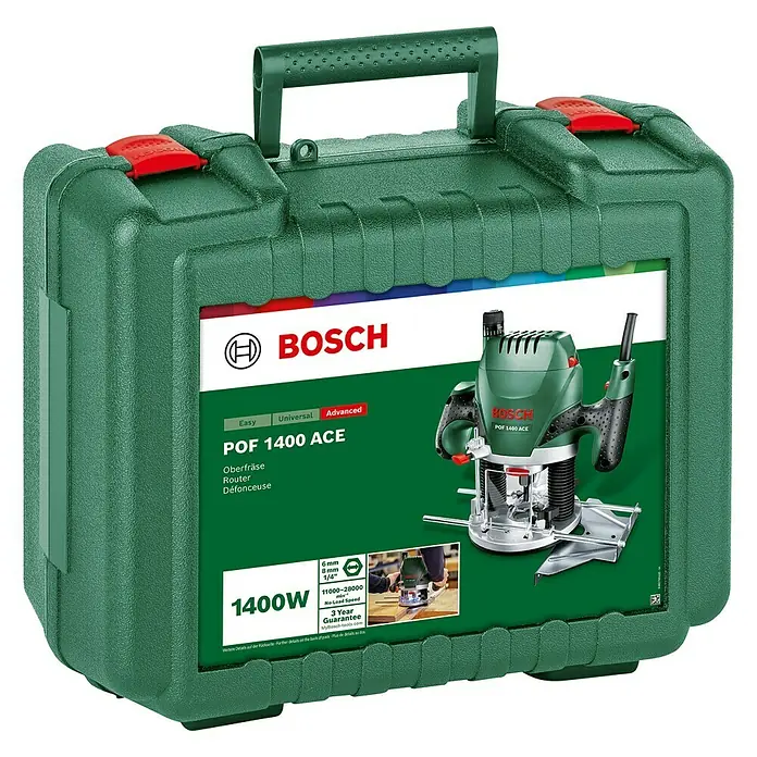 Bosch Oberfräse POF 1400 ACE - 1.400 W, 55 mm - Bild einer Bosch POF 1400 ACE Oberfräse im dazugehörigen grünen Tragekoffer, ideal für präzise Holzarbeiten und vielseitige Fräsaufgaben.