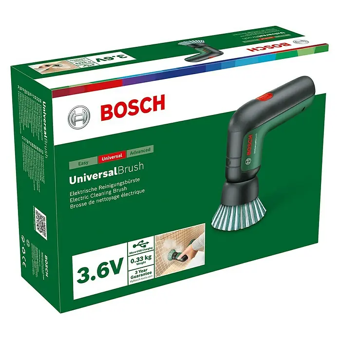 Bosch Akku-Reinigungsbürste UniversalBrush - 7 -tlg., 3,6 V, 1,5 Ah - Abbildung einer Bosch UniversalBrush, einer elektrischen Reinigungsbürste in ihrer Produktverpackung.