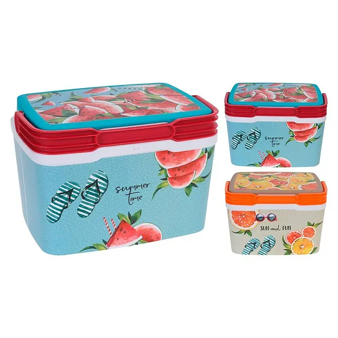 Nevera de camping Summer Time - 5 l, Azul - Tres neveras portátiles con motivos veraniegos, incluyendo sandías y naranjas. Ideal para picnics y excursiones en verano.