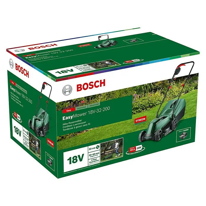 Bosch Power for All 18V Akku-Rasenmäher EasyMower 18V-32-150 - 18 V, 1 Akku, 3 Ah, Schnittbreite: 32 cm - Produktverpackung des Bosch EasyMower 18V-32-200 Akku-Rasenmähers mit Produktbild und technischen Details.
