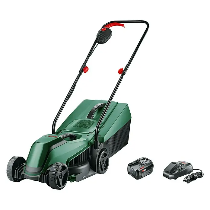 Bosch Power for All 18V Akku-Rasenmäher EasyMower 18V-32-150 - 18 V, 1 Akku, 3 Ah, Schnittbreite: 32 cm - Akku-Rasenmäher von Bosch mit Akku und Ladegerät. Der Rasenmäher ist grün und hat einen schwarzen Griff mit roten Akzenten.