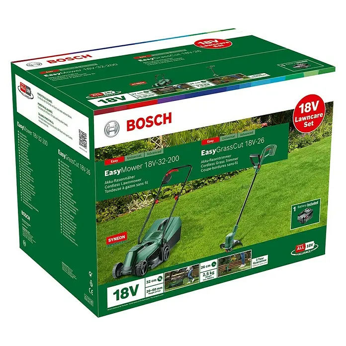 Bosch Power for All 18V Akku-Rasenmäher-Set Akku-Rasenmäher 18V-32-200 + Akku-Rasentrimmer18V-26 - 18 V, 1 Akku, 4 Ah - Bild des Bosch EasyMower 18V-32-200 & EasyGrassCut 18V-26 Rasenpflege Sets, ideal für mühelose Rasenpflege mit Akku-Power.