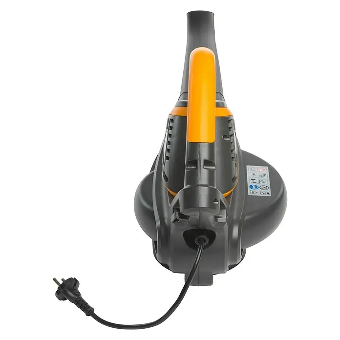 Stiga Elektro-Laubsauger BL 130c V - 2.600 W, Blasgeschwindigkeit: 331 km/h - Nahaufnahme eines elektrischen Laubbläsers in Grau und Orange mit Netzkabel, der auf einem schwarzen Hintergrund liegt.