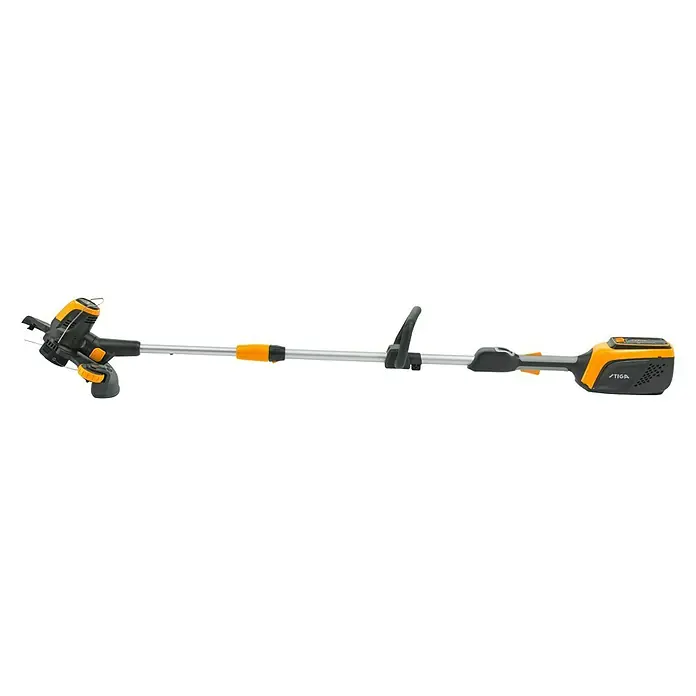 Stiga 500er Serie Akku-Rasentrimmer GT 500e - 48 V, 2 Ah, Li-Ionen, Ohne Akku, Schnittbreite Faden: 30 cm - Das Bild zeigt eine STIGA Akku-Heckenschere mit Teleskopstiel, ideal für den komfortablen und kabellosen Heckenschnitt im Garten.
