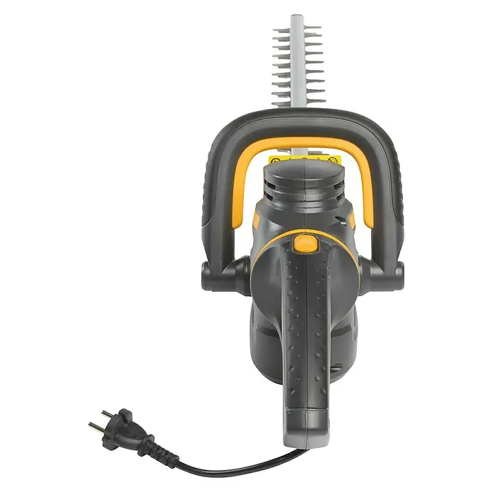 Stiga Elektro-Heckenschere HT 106c - 600 W, Schnittlänge: 55 cm - Nahaufnahme einer elektrischen Heckenschere mit grauem Griff und gelben Akzenten vor schwarzem Hintergrund.