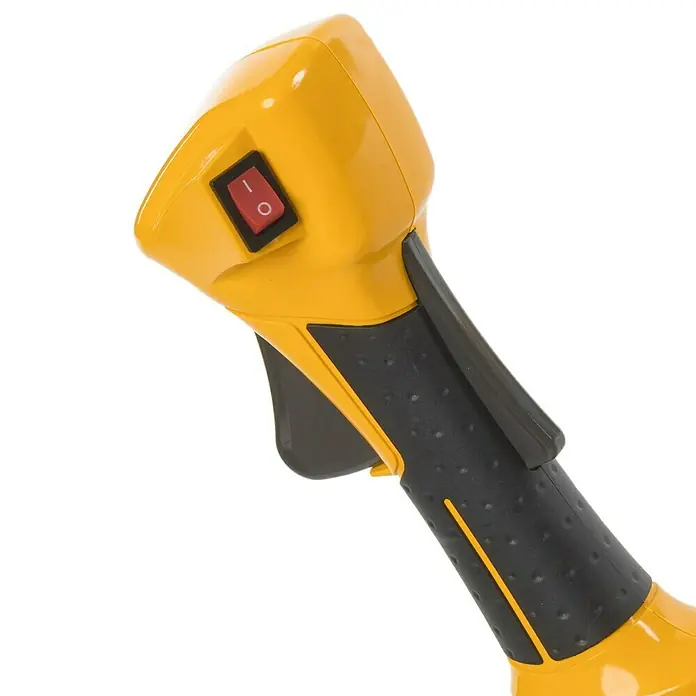 Stiga Benzin-Motorsense BC 535 B - 900 W, Schnittbreite Faden: 43 cm, Schnittbreite Messer: 25,5 cm - Nahaufnahme des gelben Griffs eines Werkzeugs mit einem roten Ein-/Ausschalter und einem schwarzen Griff.