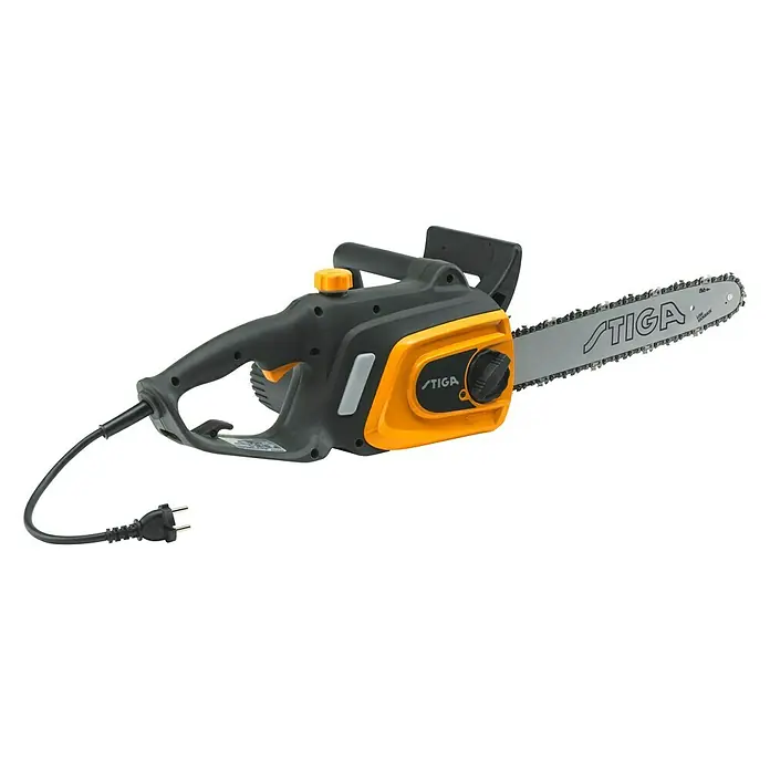 Stiga Elektro-Kettensäge CS 118c - 1.800 W, Schwertlänge: 35 cm - Abbildung einer elektrischen Stiga Kettensäge mit grau-schwarzem Gehäuse und orangefarbenen Akzenten.