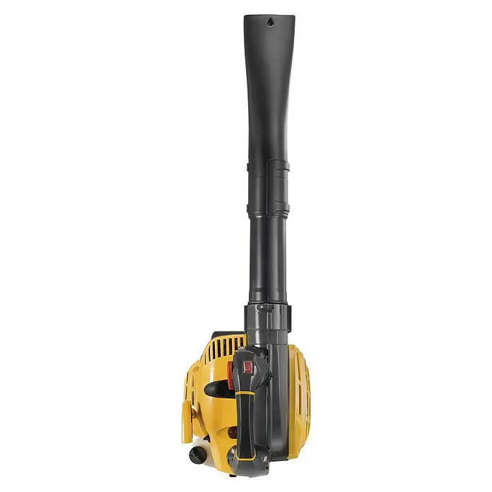 Stiga Benzin-Laubbläser BL 530 V - 0,8 kW, Blasgeschwindigkeit: 260 km/h, Blasleistung: 10,2 m³/min, 27,6 cm³ - Ein gelb-schwarzer Laubbläser mit einem langen, verstellbaren Auspuffrohr für präzises Reinigen von Gärten und Gehwegen.