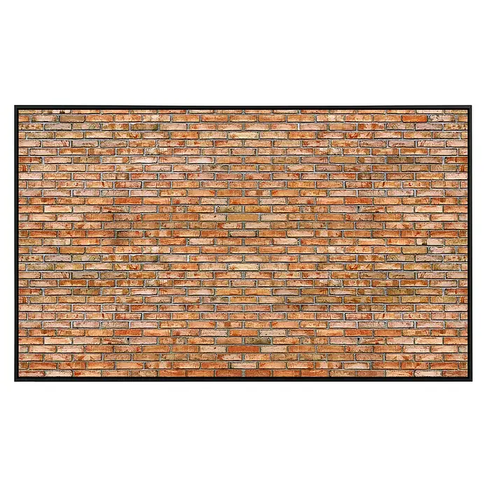 Papermoon Infrarot-Bildheizkörper Ziegelwand - 100 x 60 cm, 800 W - Nahaufnahme einer rustikalen Backsteinmauer mit orangefarbenen Ziegeln und grauen Fugen, umrahmt von einem schwarzen Rahmen.