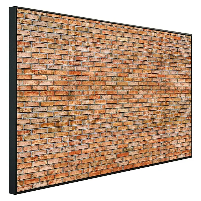 Papermoon Infrarot-Bildheizkörper Ziegelwand - 120 x 60 cm, 1.200 W - Nahaufnahme einer gerahmten Leinwand, die eine detaillierte Ansicht einer roten Ziegelwand zeigt. Die Leinwand bringt Struktur in jeden Raum.