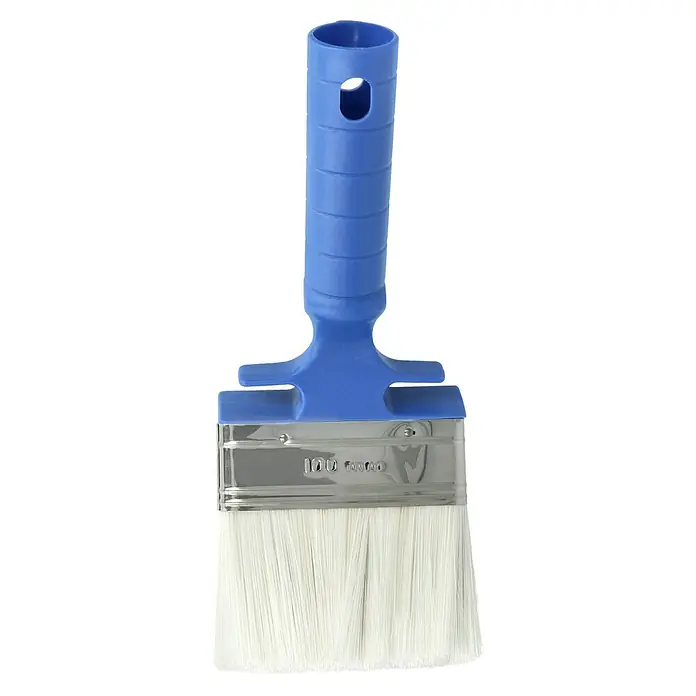 Knauf Easyputz-Spezialwerkzeug - Finishpinsel, Breite Borsten: 100 mm - Nahaufnahme eines breiten, flachen Malpinsels mit blauen Griff und weißen Borsten, ideal für großflächige Anstriche.