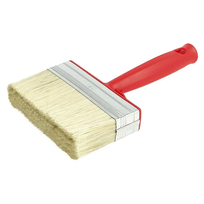 swingcolor WAND Flächenstreicher - Maße Bürstenkopf: 120 x 30 mm, Chinaborsten, Kunststoff, Länge Borsten: 45 mm - Detailaufnahme eines roten Flächenstreichers mit hellen Borsten und silberner Halterung, ideal zum Malen.