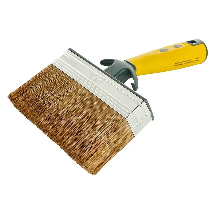 Bondex Winkelflächenstreicher - Breite Borsten: 140 mm, Synthetische Borsten - Ein Breitpinsel mit gelbem Griff und grauer Halterung, ideal zum großflächigen Auftragen von Farben und Lacken. Perfekt für Malerarbeiten.