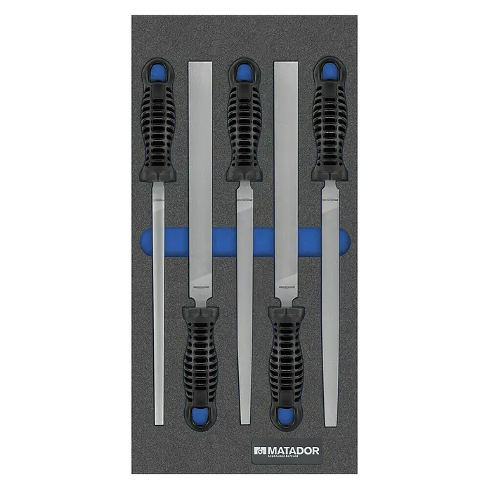 Matador Tool System Feilen-Set - 5 -tlg., Hieb: 2/Mittel - Abbildung eines Matador-Feilensatzes mit verschiedenen Feilen in einer dunklen Werkzeugaufbewahrungsbox.