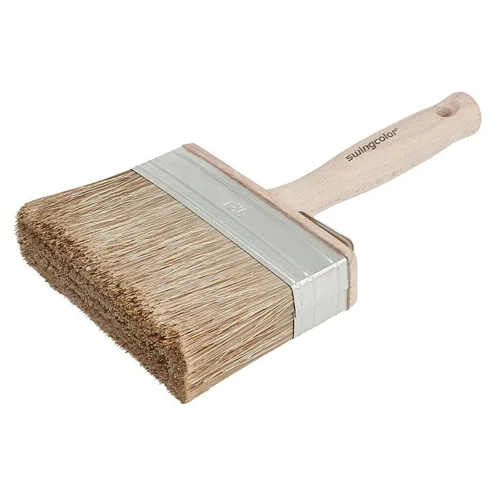 swingcolor Premium Flächenstreicher Lasur - Breite Borsten: 120 mm, Kunst- und Naturborstenmischung, Naturholz - Abgebildeter Quast der Marke Swingcolor mit hellem Holzgriff und hellem Borstenkopf für professionelles Auftragen von Farbe.