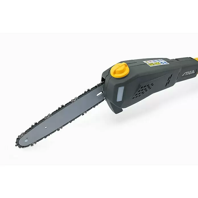 Stiga 500er Serie Akku-Multitool MT 500e Set - 48 V, 1 Akku, Schnittlänge: 44 cm - Grauer und gelber Kettensägenaufsatz für Astsägen mit sichtbarer Metallführungsschiene und Kette, Ölverschluss und Markenlogo.