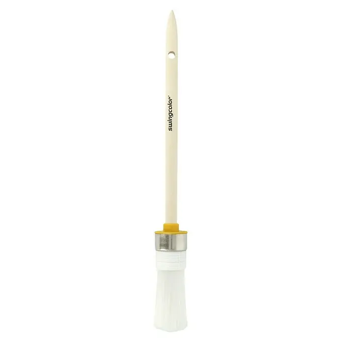 swingcolor Komfort Ringpinsel Lack - Größe Pinsel: 4, All-in-one-Borsten, Naturholz - Nahaufnahme eines Swingcolor Pinsels mit cremefarbenem Griff, gelbem Ansatz und weißen Borsten, ideal für präzise Farbaufträge.