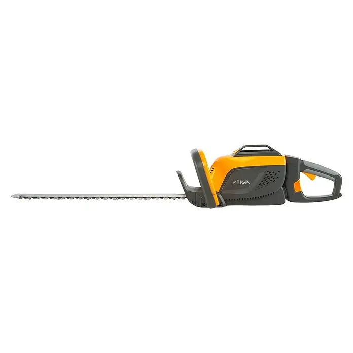 Stiga 500er Serie Akku-Heckenschere HT 500e - 48 V, Li-Ionen, Ohne Akku, Schnittlänge: 58 cm - Abbildung einer STIGA-Heckenschere mit gelbem und grauem Gehäuse und langem Schwert für den präzisen Heckenschnitt.