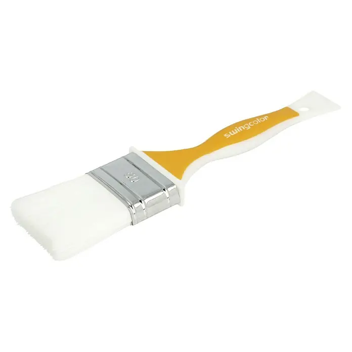 swingcolor Komfort Flachpinsel Lack ErgoBreite Borsten: 50 mm, All-in-one-Borsten, Kunststoff - Pinsel von Swingcolor mit gelb-weißem Griff und weißen Borsten, ideal für Malarbeiten und Renovierungen im Haushalt.