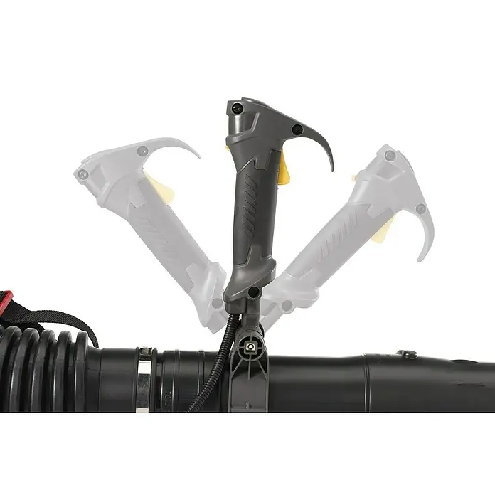Stiga Benzin-Laubbläser BL 980 R - 3,1 kW, Blasgeschwindigkeit: 360 km/h, Blasleistung: 25 m³/min, 75,6 cm³ - Nahaufnahme des verstellbaren Griffs eines Laubbläsers, der Flexibilität bei der Bedienung ermöglicht.