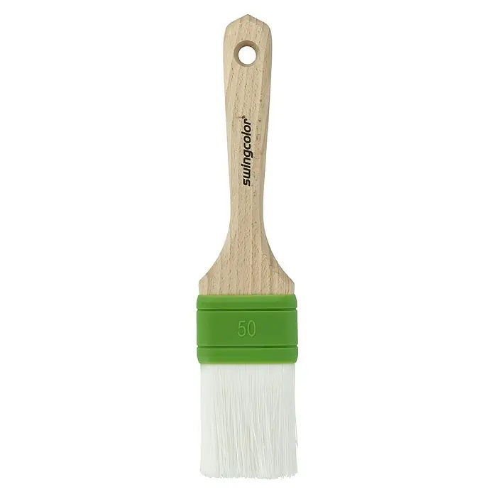 swingcolor Premium Abbeiz-Flachpinsel - Breite Borsten: 50 mm, Nylonfasern, Naturholz - Nahaufnahme eines Swingcolor-Pinsels mit Holzgriff, grüner Zwinge und weißen Borsten. Ideal für präzise Anstriche.