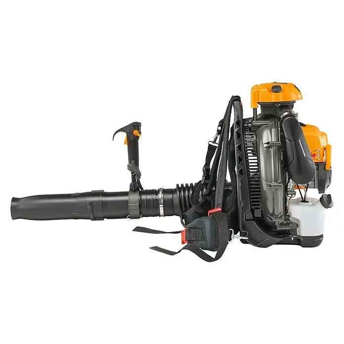 Stiga Benzin-Laubbläser BL 980 R - 3,1 kW, Blasgeschwindigkeit: 360 km/h, Blasleistung: 25 m³/min, 75,6 cm³ - Abbildung eines gelb-schwarzen Laubbläsers. Der Laubbläser ist ein leistungsstarkes Werkzeug zum Reinigen von Gärten und Höfen.