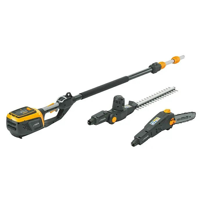 Stiga 500er Serie Akku-Multitool MT 500e Set - 48 V, 1 Akku, Schnittlänge: 44 cm - Das Stiga-Multitool mit drei Aufsätzen: Hochentaster, Heckenschere und Kettensäge für vielseitige Gartenarbeiten.