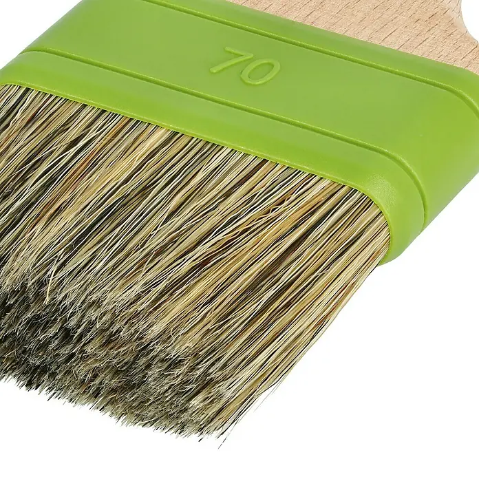 swingcolor Premium Beizpinsel - Breite Borsten: 70 mm, Spezialmischung, Holz - Nahaufnahme eines Farbrollers mit grünen Borsten und der Zahl 70 darauf. Geeignet für verschiedene Maleranwendungen.