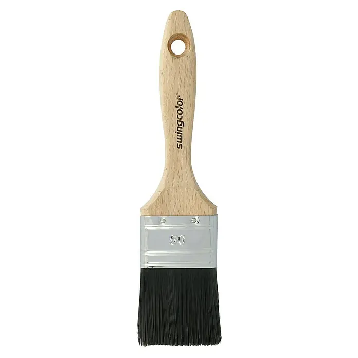 swingcolor Premium Flachpinsel Lack - Breite Borsten: 50 mm, All-in-one-Borsten, Naturholz - Ein Swingcolor-Flachpinsel mit einem Holzgriff und schwarzen Borsten, ideal für präzise Farbaufträge und detailgenaue Malerarbeiten.