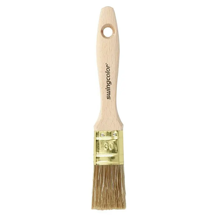 swingcolor Premium Lasur-Flachpinsel - Breite Borsten: 30 mm, Hollestermischung, Naturholz - Nahaufnahme eines Swingcolor-Pinsels mit Holzgriff, goldenem Metallring und Borsten. Ideal zum Malen und Lackieren.