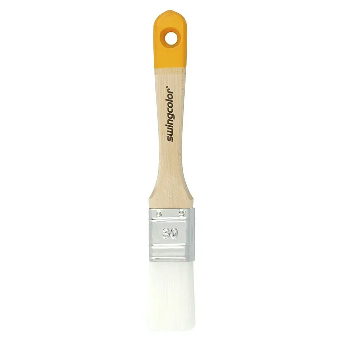 swingcolor Komfort Flachpinsel Lack - Breite Borsten: 30 mm, All-in-one-Borsten, Naturholz - Pinsel mit gelbem Griff und Holzstiel, ideal zum Auftragen von Farbe. Die Borsten sind weiß und der Pinselkopf ist mit "30" gekennzeichnet.