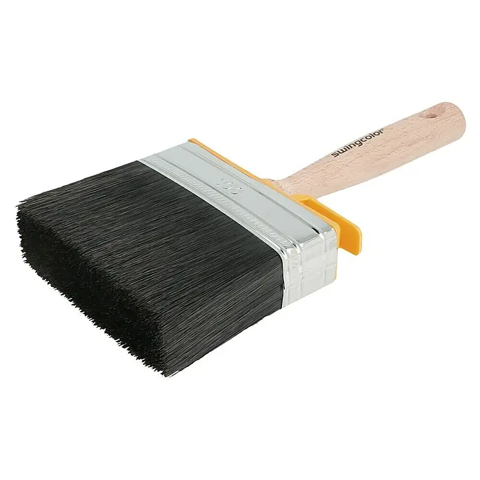 swingcolor Premium Flächenstreicher Lack - Breite Borsten: 100 mm, All-in-one-Borsten, Naturholz - Detailaufnahme eines Swingcolor Flächenstreichers mit Holzgriff, ideal für präzise Farbaufträge und professionelle Ergebnisse.