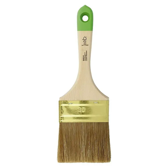 swingcolor Komfort Lasur-Flachpinsel - Breite Borsten: 80 mm, Hollestermischung, Naturholz - Pinsel mit hellem Holzgriff, grünem Ende und goldenen Borsten. Der Pinsel ist ideal für Farbarbeiten und kreative Projekte.