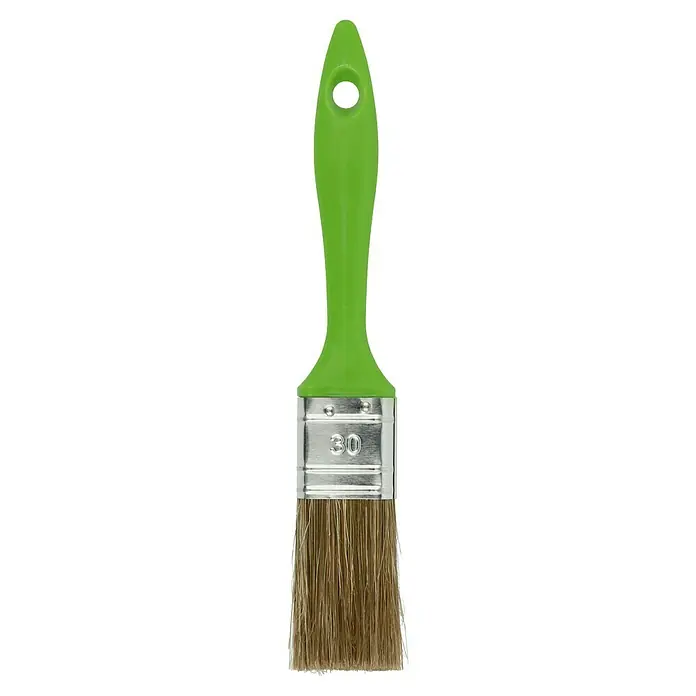 Lasur-Flachpinsel - Breite Borsten: 30 mm, Hollestermischung, Kunststoff - Pinsel mit grünem Griff und Naturborsten. Die Zahl 30 ist auf dem Metallgehäuse eingraviert, was die Pinselgröße angibt.