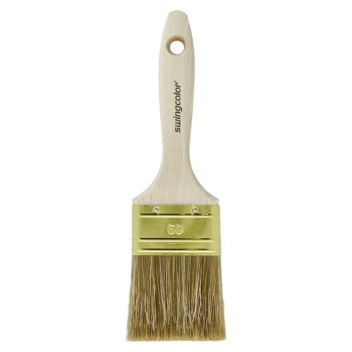 swingcolor Premium Lasur-Flachpinsel - Breite Borsten: 60 mm, Hollestermischung, Naturholz - Pinsel der Marke Swingcolor mit Holzgriff und goldenem Metalleinsatz mit der Nummer 60 für Farbarbeiten im Haushalt und beim Heimwerken.