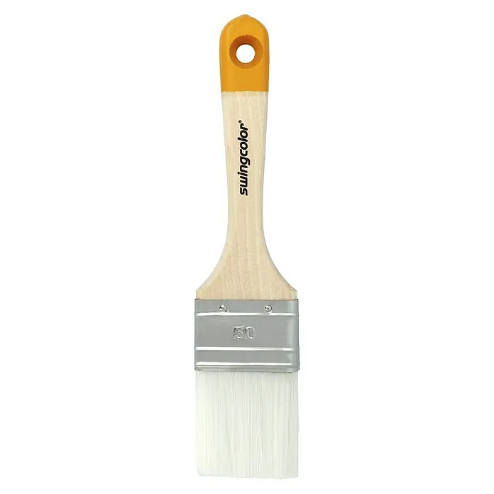swingcolor Komfort Flachpinsel Lack - Breite Borsten: 50 mm, All-in-one-Borsten, Naturholz - Pinsel der Marke Swingcolor mit gelbem Griff und weißen Borsten für präzises Auftragen von Farbe auf Oberflächen.