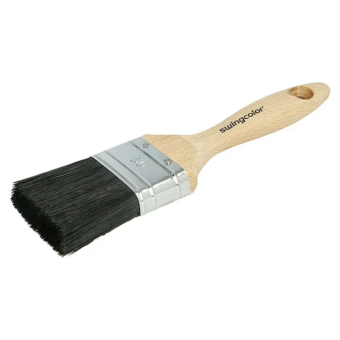 swingcolor Premium Flachpinsel Lack - Breite Borsten: 50 mm, All-in-one-Borsten, Naturholz - Nahaufnahme eines Swingcolor-Flachpinsels mit Holzgriff und schwarzen Borsten, ideal für präzise Anstriche.