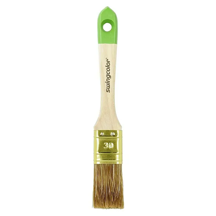 swingcolor Komfort Lasur-Flachpinsel - Breite Borsten: 30 mm, Hollestermischung, Naturholz - Pinsel der Marke Swingcolor mit grünem Griff, hellem Holz und goldenem Metallstück, die Borsten sind hellbraun und die Nummer 30 ist sichtbar.