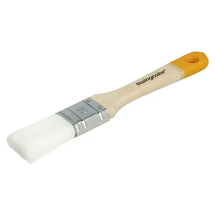 swingcolor Komfort Flachpinsel Lack - Breite Borsten: 30 mm, All-in-one-Borsten, Naturholz - Ein Pinsel der Marke Swingcolor mit Holzgriff und gelbem Ende für präzise Malerarbeiten und saubere Ergebnisse.