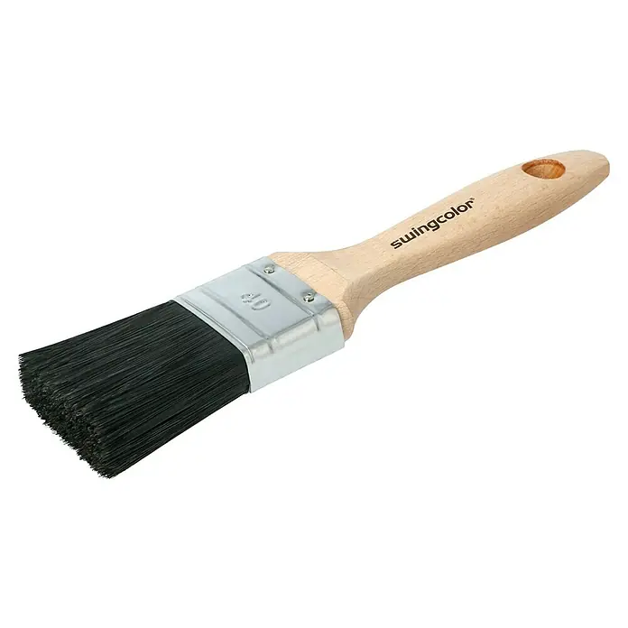 swingcolor Premium Flachpinsel Lack - Breite Borsten: 40 mm, All-in-one-Borsten, Naturholz - Detailaufnahme eines Swingcolor-Pinsels mit Holzgriff und schwarzen Borsten, ideal für präzise Malerarbeiten und zum Auftragen von Farbe.