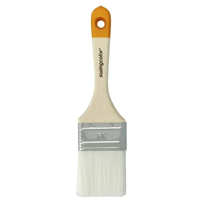 swingcolor Komfort Flachpinsel Lack - Breite Borsten: 60 mm, All-in-one-Borsten, Naturholz - Ein Pinsel der Marke Swingcolor mit gelbem Griff und weißen Borsten, ideal für präzises Malen. Die Größe '60' ist auf dem Metallteil gut sichtbar.