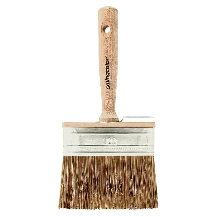 swingcolor Premium Flächenstreicher - Breite Borsten: 100 mm, Kunst- und Naturborstenmischung, Naturholz - Eine Detailaufnahme eines Swingcolor Flächenstreichers mit Holzgriff und der Kennzeichnung 100, ideal für gleichmäßige Farbaufträge.
