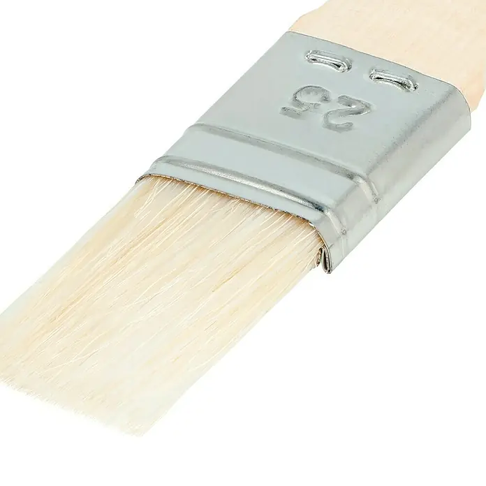 swingcolor Komfort Klebstoffpinsel - Breite Borsten: 25 mm, Mischborsten, Holz - Nahaufnahme eines sauberen 25-mm-Flachpinsels mit hellem Holzgriff und silberner Metalleinfassung.