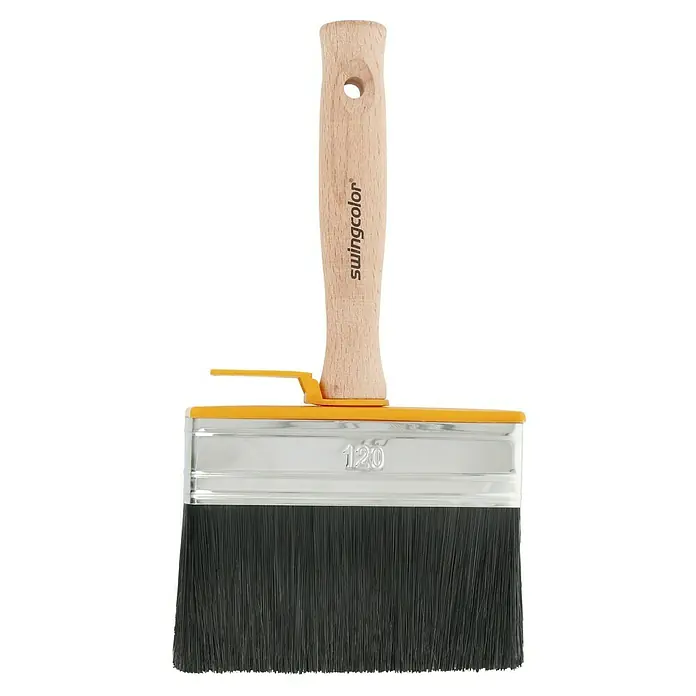 swingcolor Premium Flächenstreicher Lack - Breite Borsten: 120 mm, All-in-one-Borsten, Naturholz - Ein Pinsel der Marke Swingcolor mit einem Holzgriff und schwarzen Borsten, ideal zum Malen. Seine breite Form macht ihn perfekt für größere Flächen.