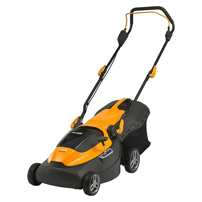 Stiga Akku-Rasenmäher Collector 140e - 2 Akkus, 4 Ah, Schnittbreite: 38 cm - Abbildung eines STIGA Collector Akku-Rasenmähers. Er ist schwarz und orange und hat einen praktischen Fangkorb.