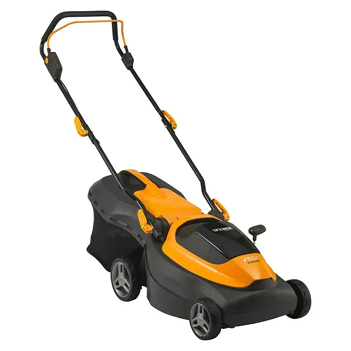 Stiga Akku-Rasenmäher Collector 140e - 2 Akkus, 4 Ah, Schnittbreite: 38 cm - Aufsitzmäher von STIGA, Modell "Collector", in Orange und Schwarz, perfekt für die Rasenpflege.
